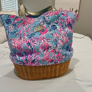 Lilly Pulitzer Wicker and Canvas Tote NWOT